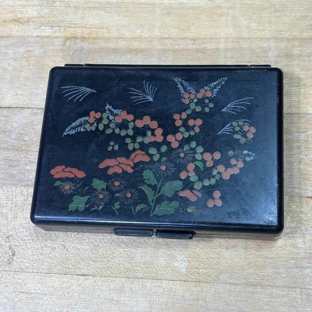 Vintage Hong Kong Black Lacquer Jewelry Box Hand Painted Floral Mirror